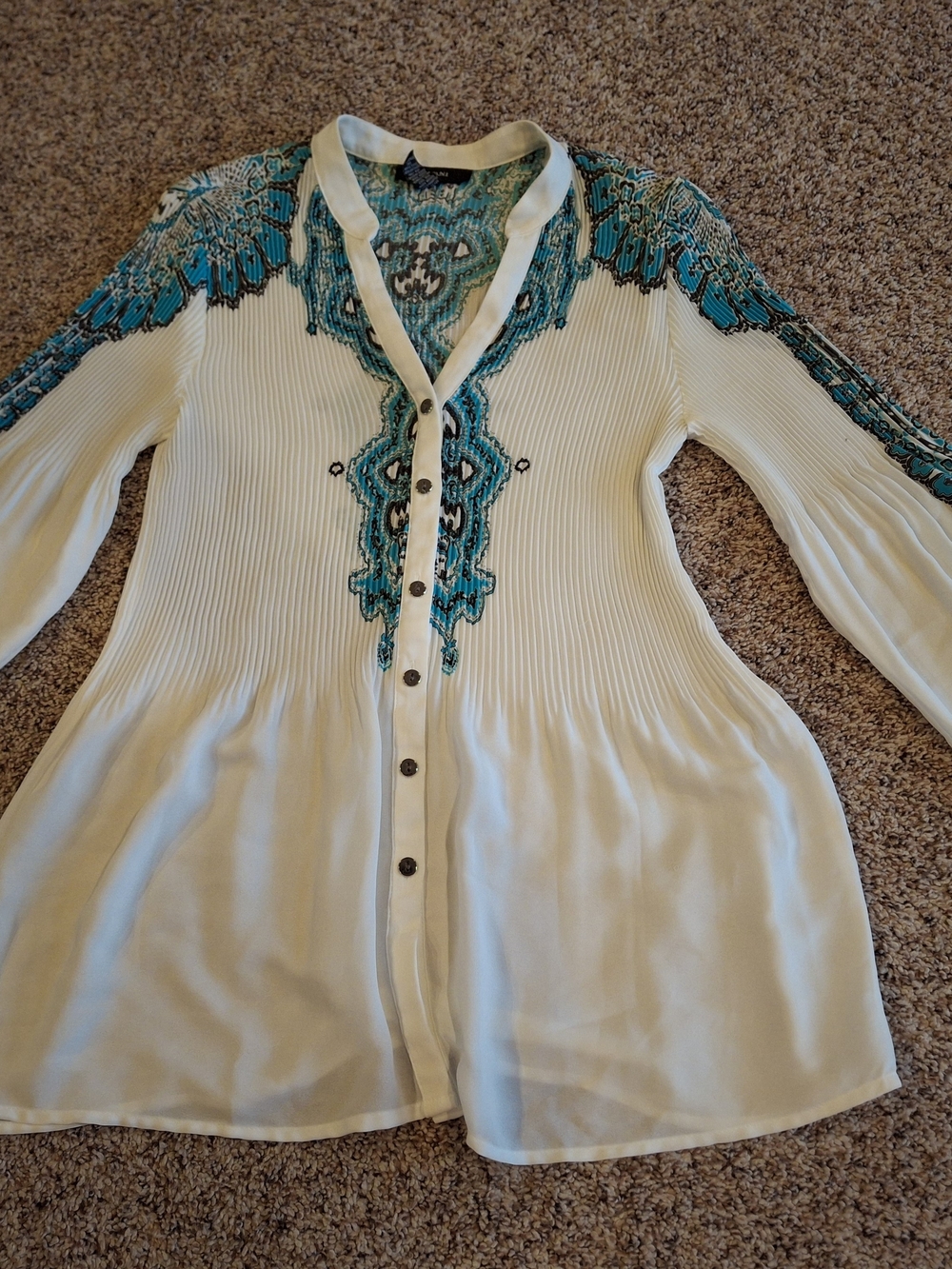 White Tunic Blouse with Teal Embroidered Detail